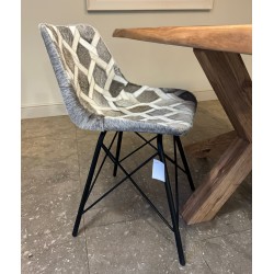 Dining Chair - Grey Cowhide Hair on Leather - Industrial Black Iron Legs