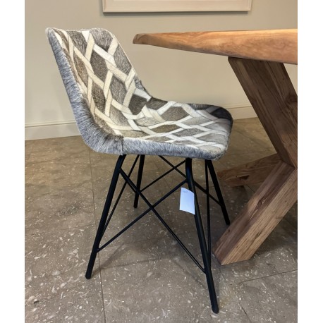 Dining Chair - Grey Cowhide Hair on Leather - Industrial Black Iron Legs