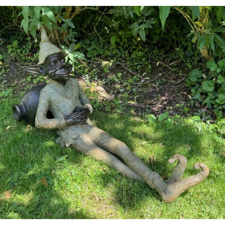 Large Bronze Goblin Asleep - Head Laying on a Pot