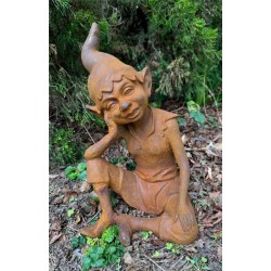Cast Iron Seated Pixie Elf Goblin Gnome - Outdoor Garden Statue Ornament - 39cm