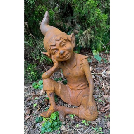 Cast Iron Seated Pixie Elf Goblin Gnome - Outdoor Garden Statue Ornament - 39cm