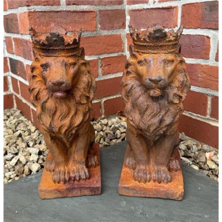 Seated Lion with Crown - Cast Iron Outdoor Garden Statue Ornament - 35cm High