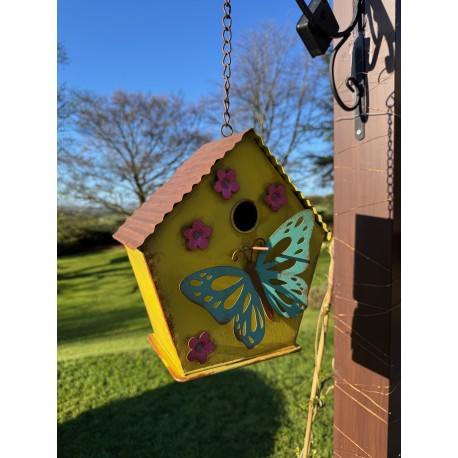 Bird House - Decorated with Butterfly - Garden Hanging with Chain - Iron