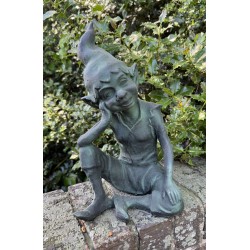 Cast Iron Seated Pixie Elf Goblin Gnome - Green Outdoor Garden Statue - 39cm