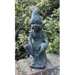 Cast Iron Seated Pixie Elf Goblin Gnome - Green Outdoor Garden Statue - 49cm
