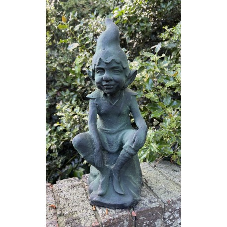 Cast Iron Seated Pixie Elf Goblin Gnome - Green Outdoor Garden Statue - 49cm