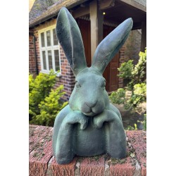 Rabbit / Hare Head in Hands - Green - Cast Iron Outdoor Garden Statue - 47cm