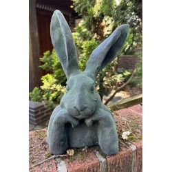 Head in Hands Rabbit / Hare - Green - Cast Iron Outdoor Garden Statue  - 34cm