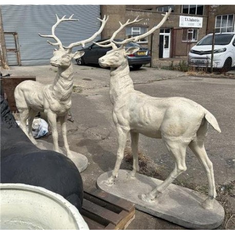 Pair of Lifesize Cast Iron Stags - Antique Cream - Height 142cm x Length 101cm
