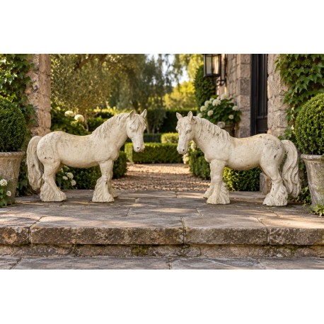 Pair of Cast Iron Horses - Cream White - Length 78cm - Garden Statue Sculptures
