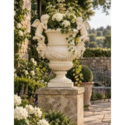 Cast Iron Garden Urn / Planter - Vintage White / Cream - Seated Cherubs
