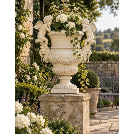 Cast Iron Garden Urn / Planter - Vintage White / Cream - Seated Cherubs