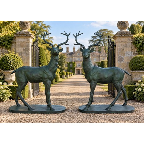 Pair of Lifesize Cast Iron Stags - Green Colour - Height 142cm x Length 101cm