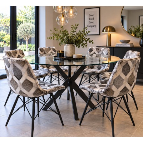 Dining Chair - Grey Cowhide Hair on Leather - Industrial Black Iron Legs